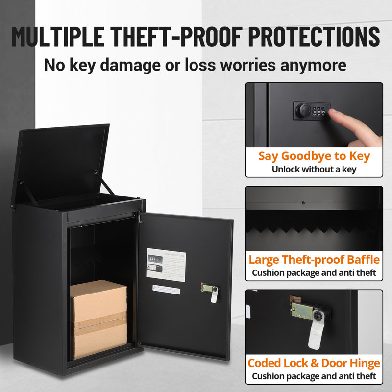 Black Galvanized Steel Lockable Wall Mounted Parcel Drop Box