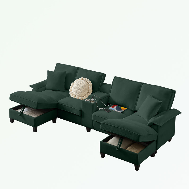Canapé modulaire en velours côtelé avec rangement sous le siège et porte-gobelet, Velours côtelé vert