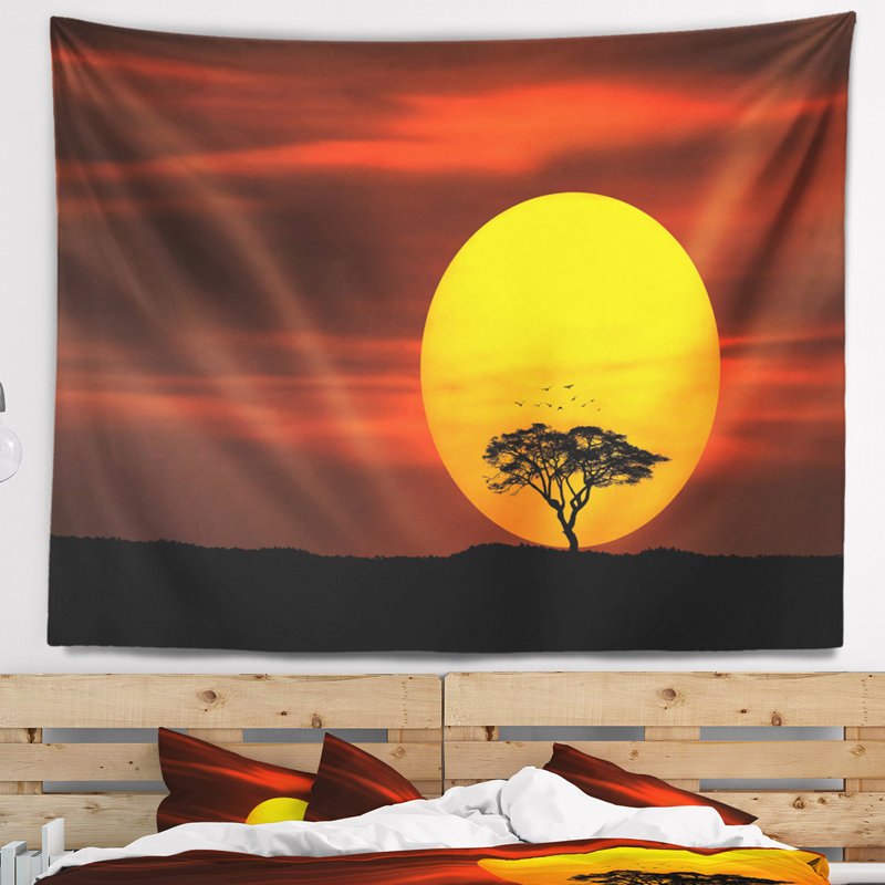 Tapisserie paysage paysage solitaire avec oiseaux au coucher du soleil, H 50 po x l 60 po