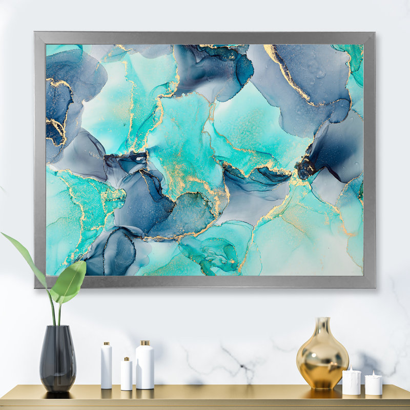 Turquoise de luxe abstrait, art fluide IV - peinture sur toile, Cadre photo argenté, H 30 po x l 40 po x P 1,5 po