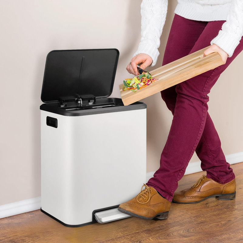 Stainless Steel Step On Multi-Compartment Trash/Recycling Bins - 8 Gallons, White