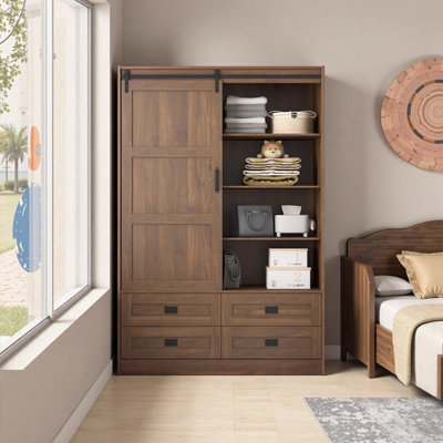 Armoire-penderie pour garde-robe haute avec porte de grange coulissante, 4 tiroirs et 4 tablettes ouvertes
