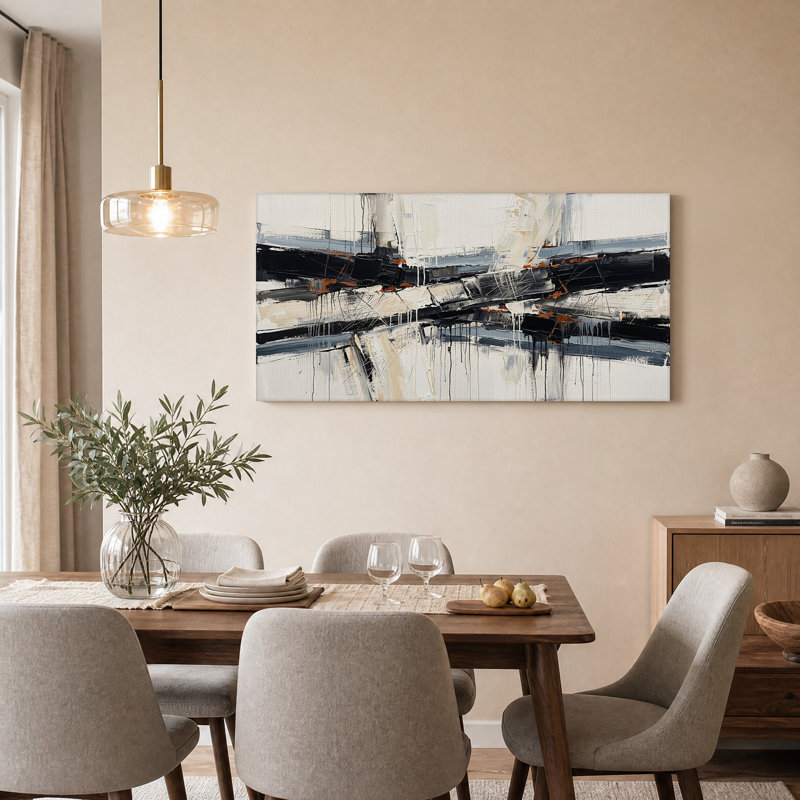 Tableau abstrait à coups de pinceau horizontaux en noir, blanc et rouille sur toile, L 46 po x H 24 po