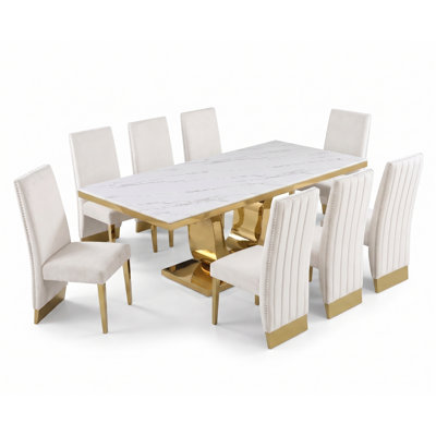 White Marble Dining Set With Velvet Side Chairs