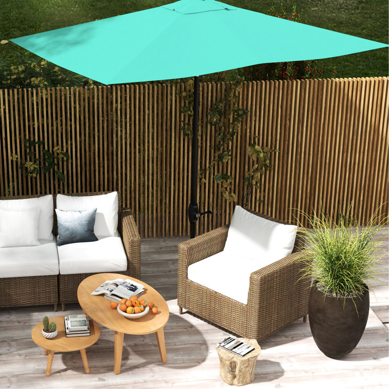 Parasol de patio de 6,5 pi x 10 pi, couche de protection, manivelle et inclinaison réglable, parasol de patio rectangulaire bleu sarcelle, protection, forme d'inclinaison simple,