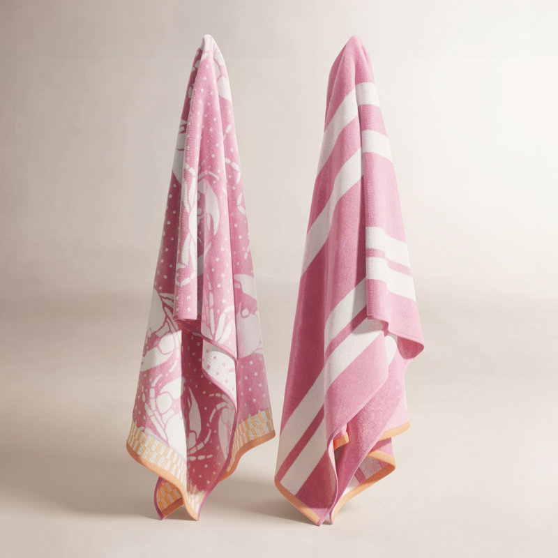 Serviettes de plage 100% jacquard 100% coton, Rose / crabes blancs / rayures