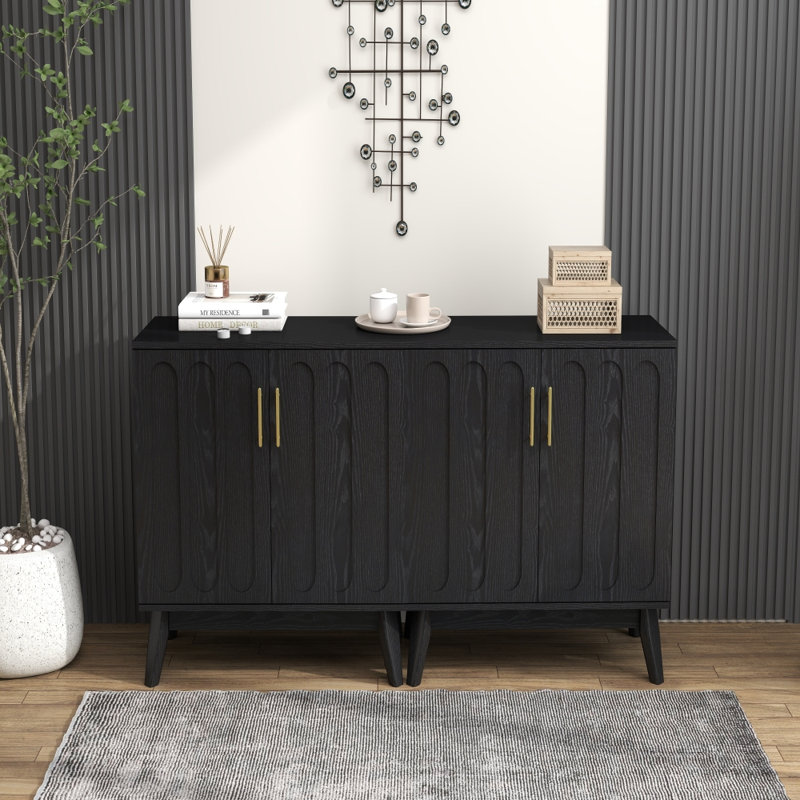 Mid Century Modern Fluted Sideboard Cabinet with Adjustable Shelves Solid Wood Legs Black Buffet Storage Cabinet  (15.8"D x 31.5"W x 31.5"H)