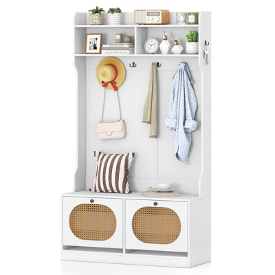 4-In-1 Hall Tree Entryway Bench with Coat Rack & Flip Drawers 6 Dual-Hook Hangers Natural by One Allium Way
