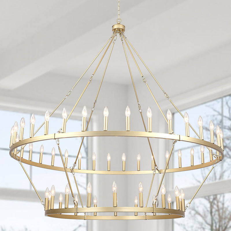 Neiges 54 - Light 60" Two Tier Large Farmhouse Rustic Candle Style Wagon Wheel Chandelier, Light Gold