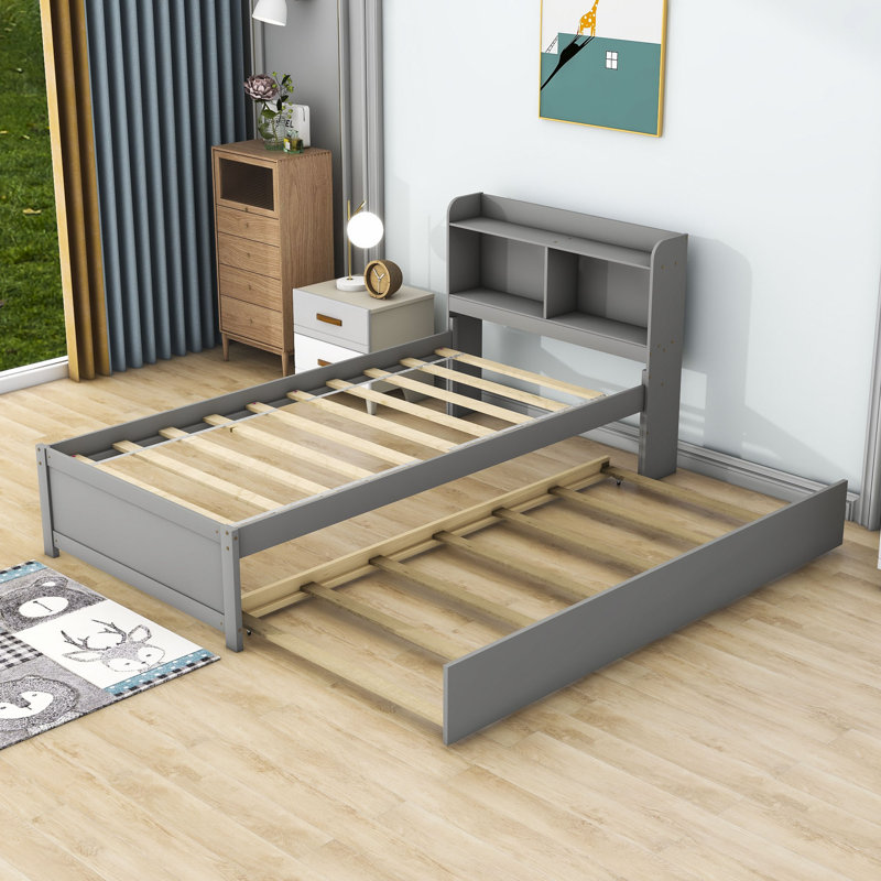 Kiefus Twin Size Wood Platform Bed with Twin Size Trundle and Storage, Gray