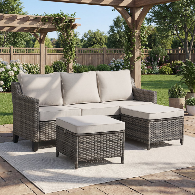 Arlene All-Weather Outdoor Patio Wicker Sofa With Thick Cushion, Beige