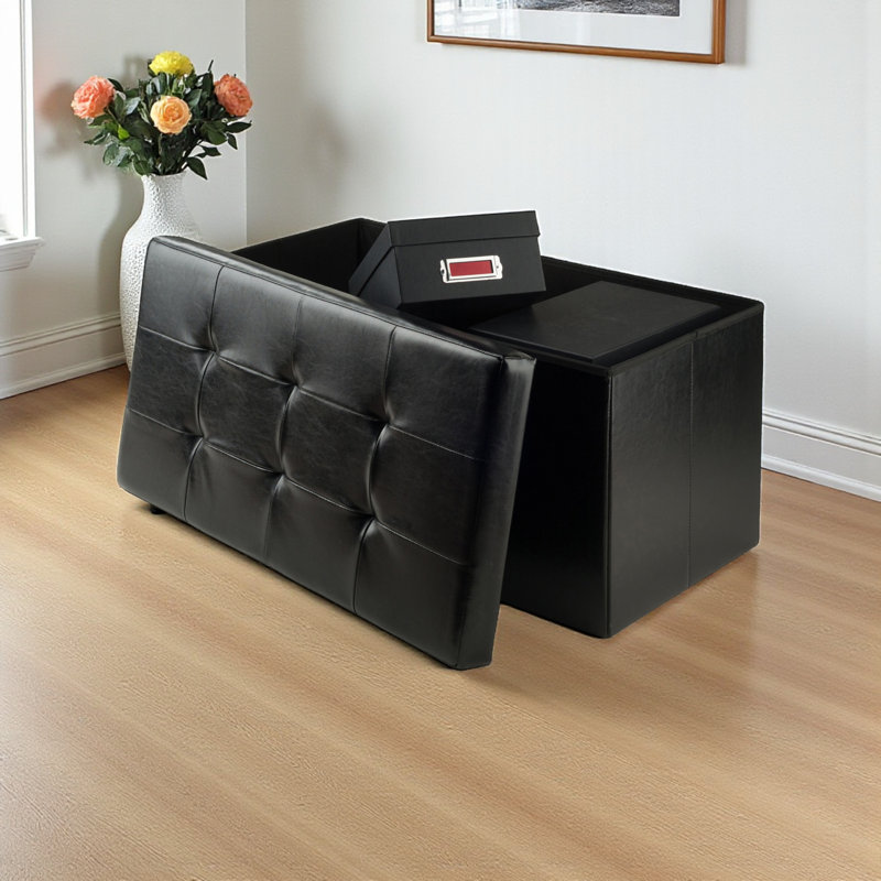 Aniyia Modern Faux Leather Ottoman in Black Finish, 29.92" W X 14.8" D X 14.96"H, Black