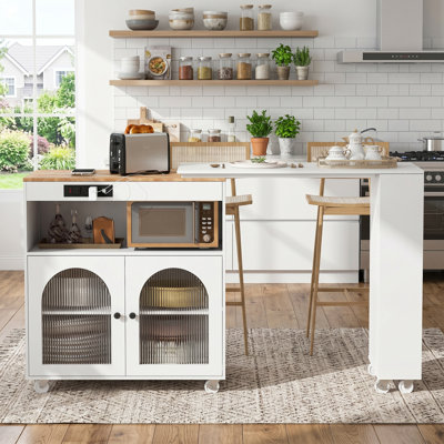 Îlot de cuisine roulant avec table allongée, lumières DEL, prises de courant et 2 portes en verre cannelé