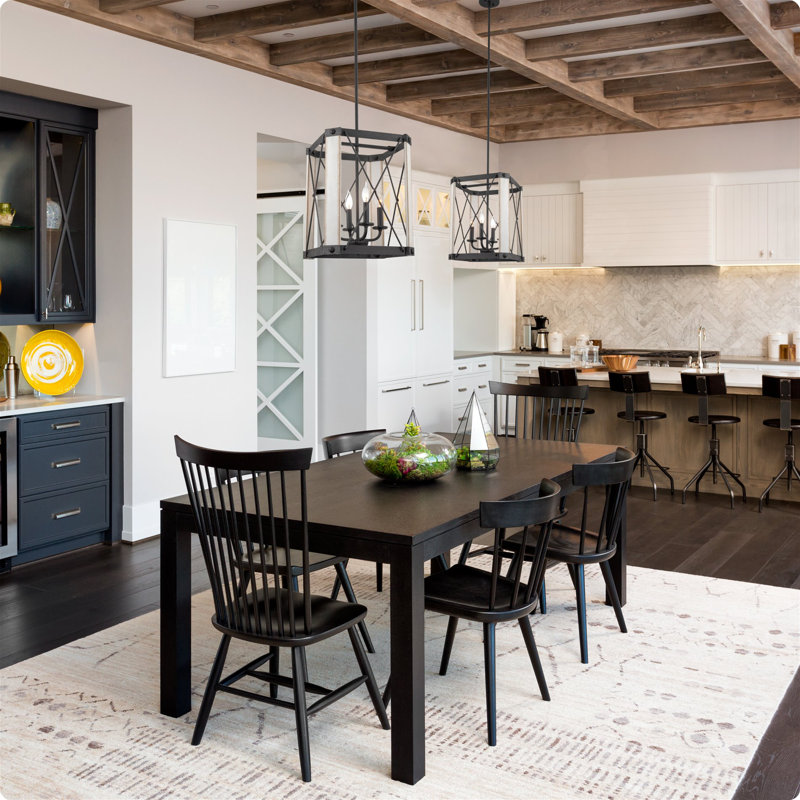 19" 4-Light Modern Farmhouse Pendant Light, Metal Wire Cage Hanging Lantern, White Ash Wood Finish + Textured Black Finish