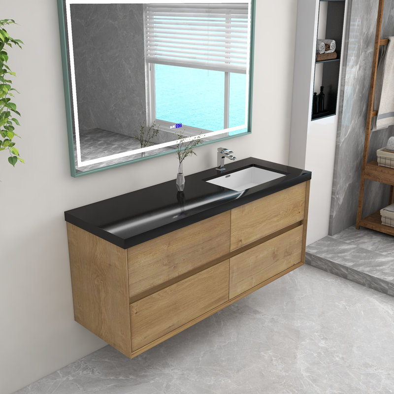 Free Standing Wall Mounted Single Double Single Vanity Bathroom Vanity With Plastic Top, White Oak