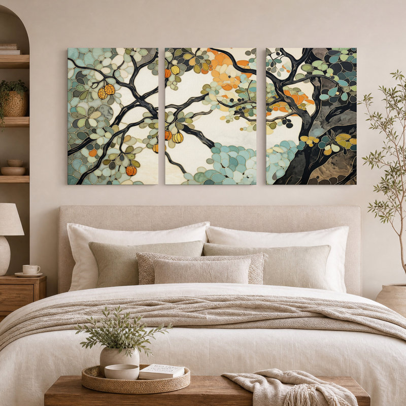 Ensemble de 3 tableaux sur toile représentant un arbre en vitrail turquoise et orange, 24"H x 16"W x 3pcs