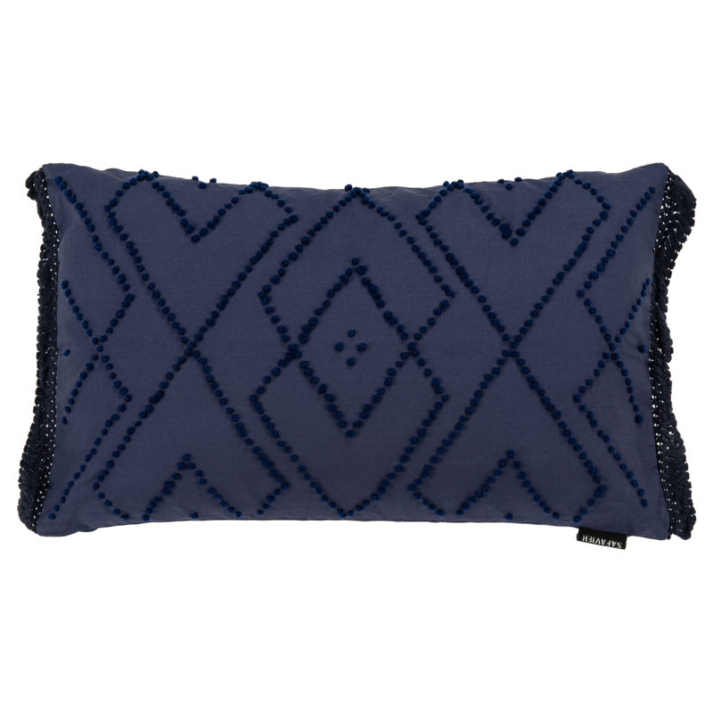 Fringed Cotton Reversible Throw Pillow, Navy