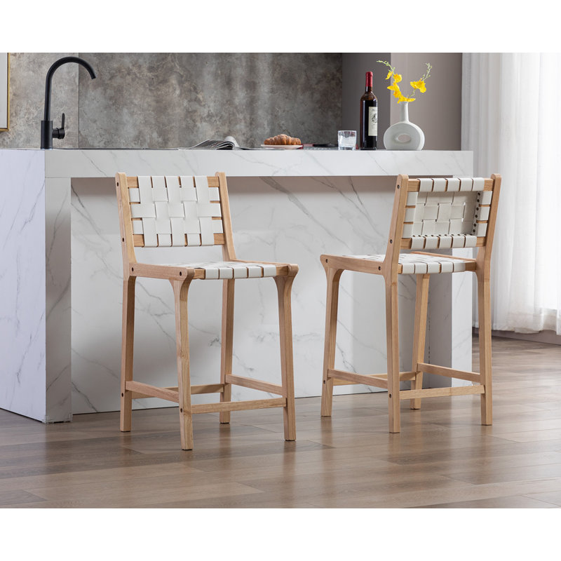 Tabouret de bar et de comptoir en bois massif Pangita, Blanc / cadre en bois original