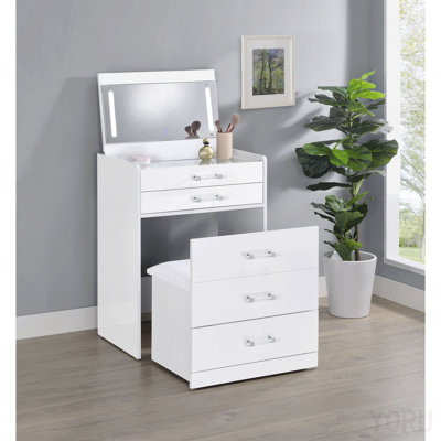 White High Gloss 3-Drawer Makeup Vanity Table With Mirror And Stool