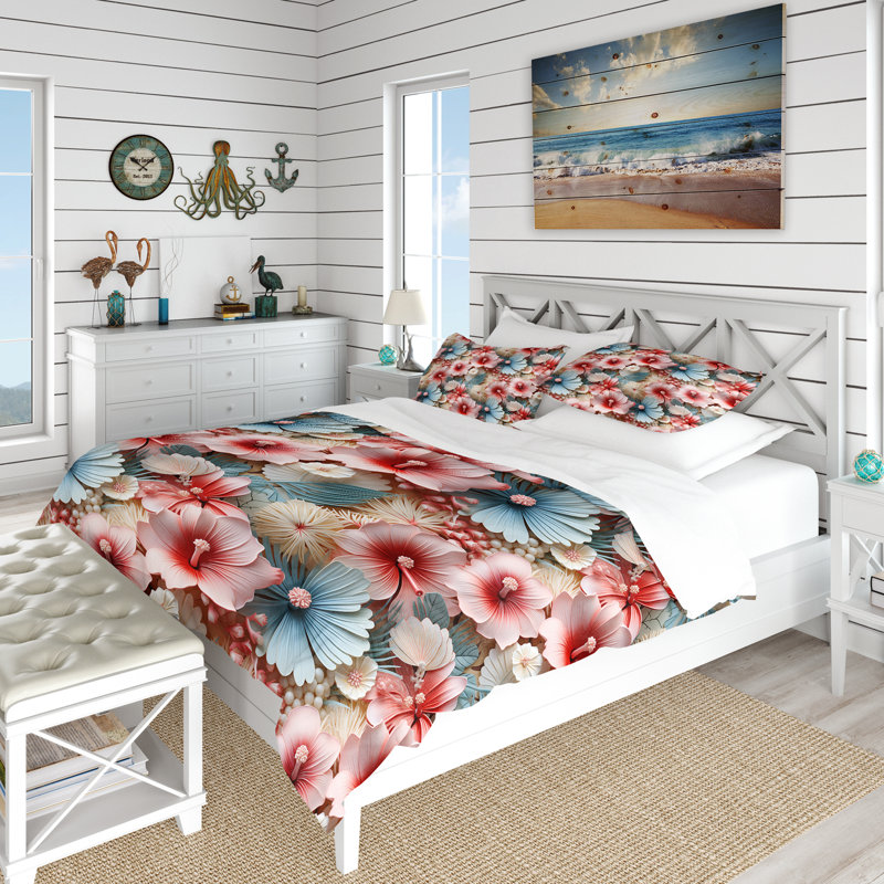 Literie à motif tropical Seashell Mirage, Housse de couette pour grand lit et 2 taies décor