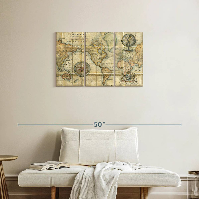 Carte du monde antique brun Aliaz, H 20 po x l 33 po