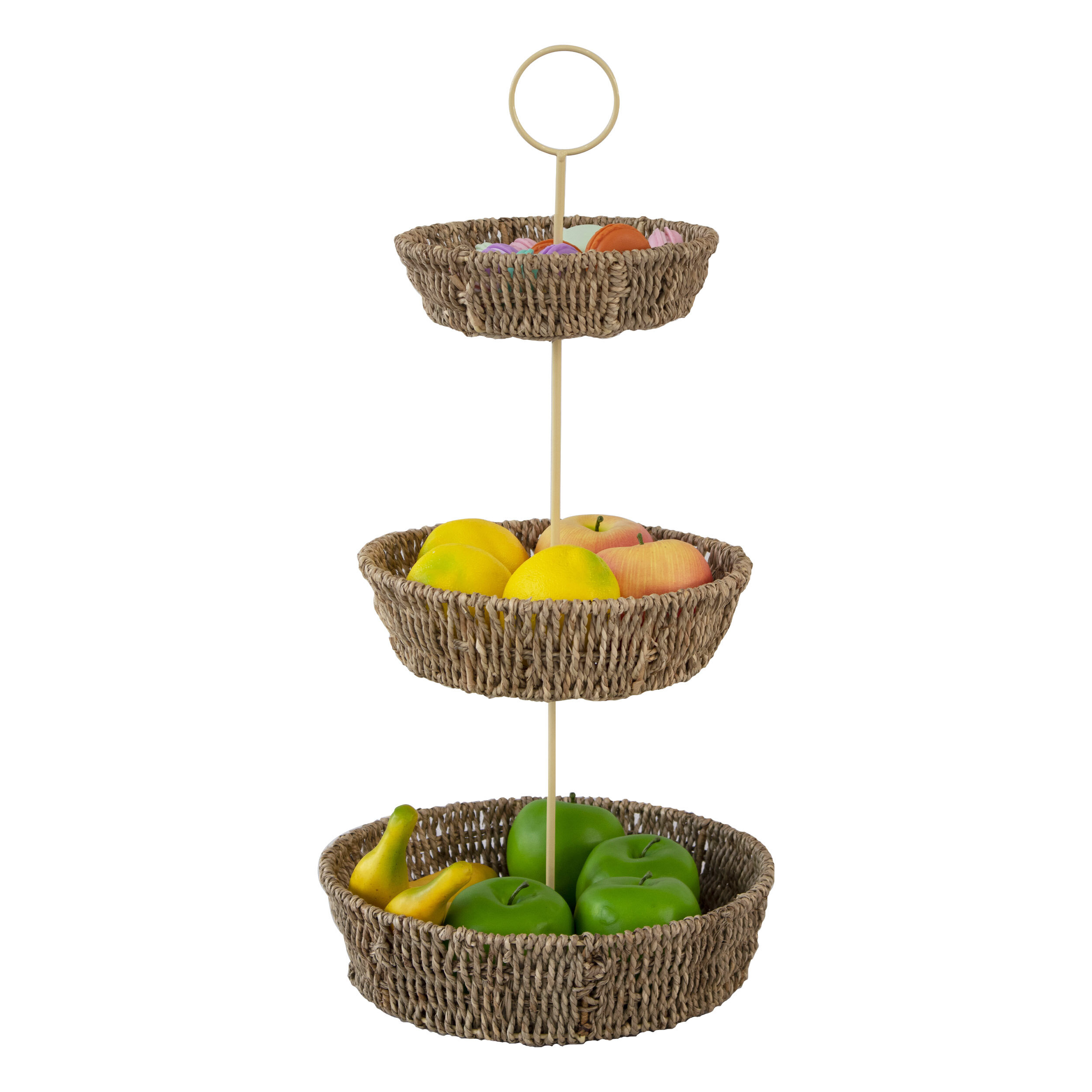 3-Tier Round Fruit Basket PVC Rattan in Natural Storage for Kitchen