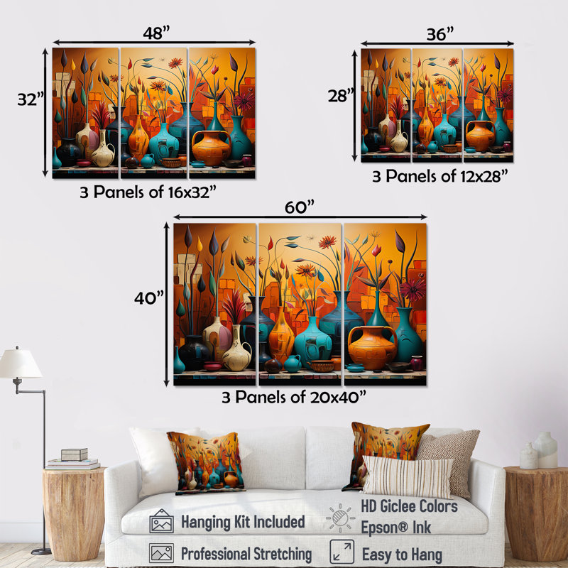 «Orange Boho Pottery Expressions I», art mural Boho, H 40 po x l 60 po x P 1 po, Toile tendue