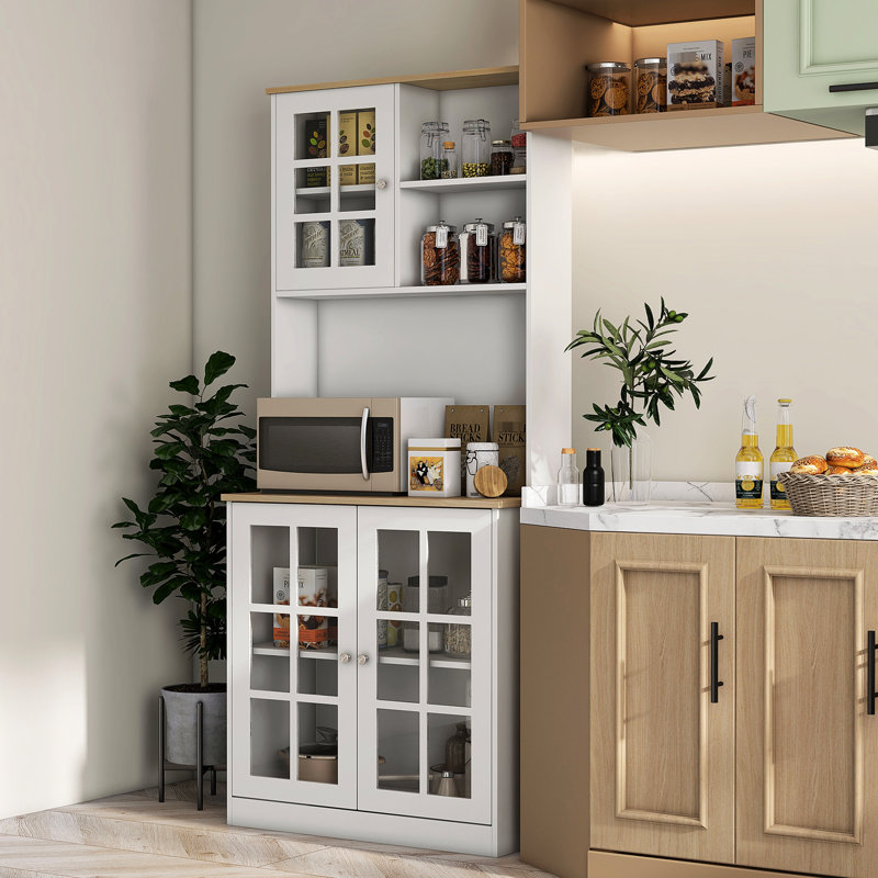 Cuisine blanche avec armoire, grand comptoir autoportant de 72 po, tablettes réglables, portes vitrées pour garde-manger autoportant blanc