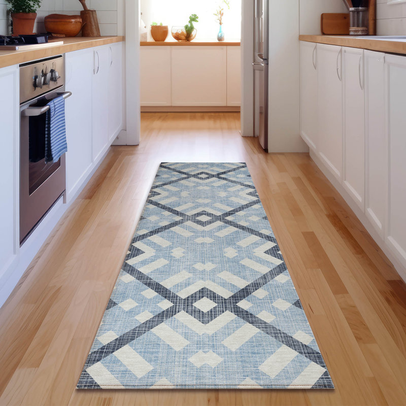 Premium Machine Washable Mayfield AMF616 Geometric Rug, Sky, 2'3" x 7'6" Runner