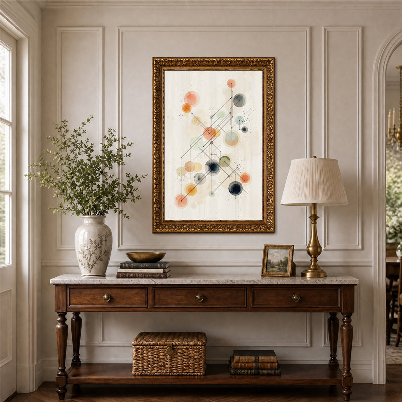 Tableau abstrait de cercles et de lignes à la texture aquarelle sur toile, H 24 po x l 16 po