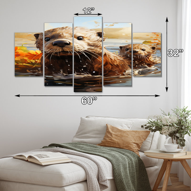  «Brown Otters Odyssey - Reproduction d'art mural animaux - 5 panneaux