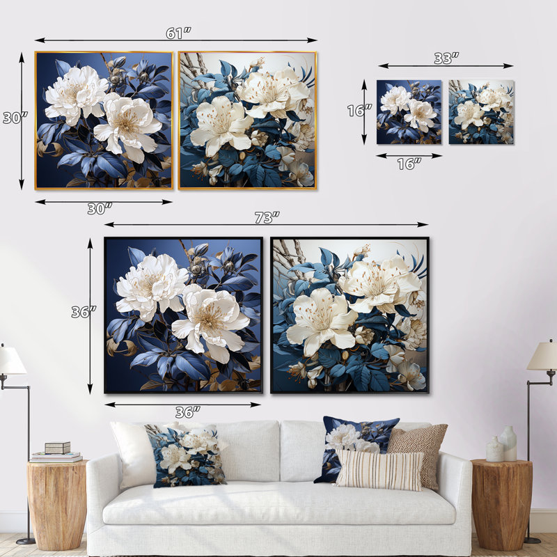 Minimalisme - Bouquet de rhododendrons - Ensemble de 2 collages rhododendrons carrés, H 16 po x l 33 po, Toile tendue