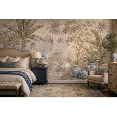 Tropical Landscape Wallpaper Palm Trees Removable Blue And White Porcelain Wall Decor