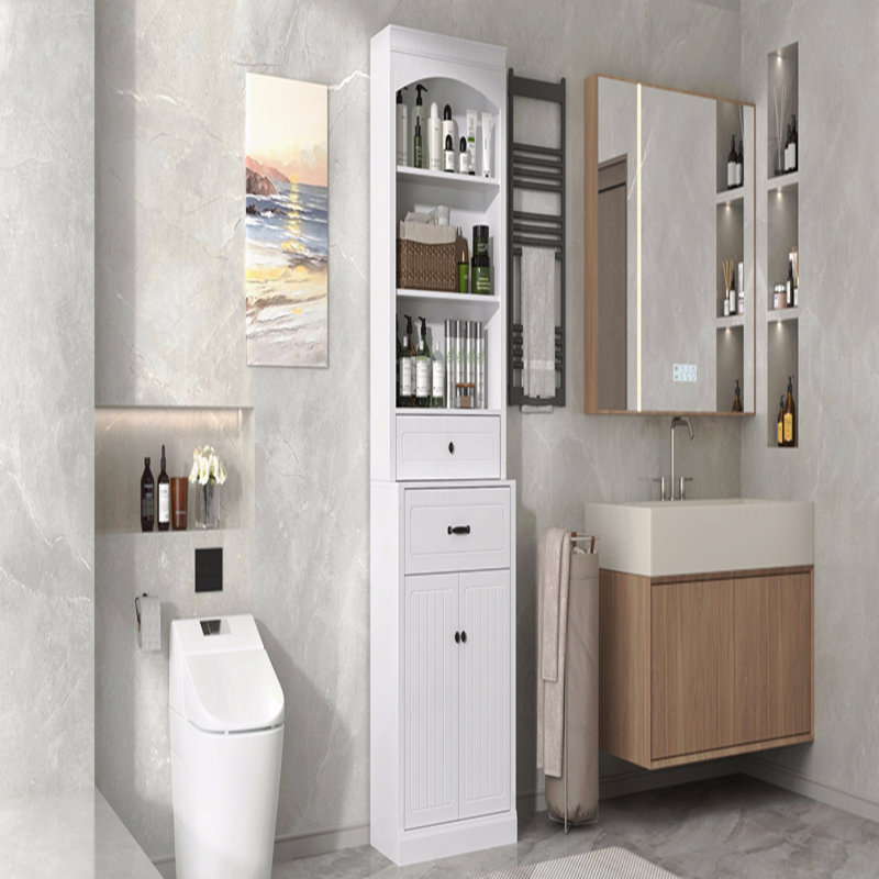 Armoire de rangement pour salle de bain avec 2 portes, tiroirs, tablettes réglables et trois tablettes ouvertes - Fabrication en MDF durable