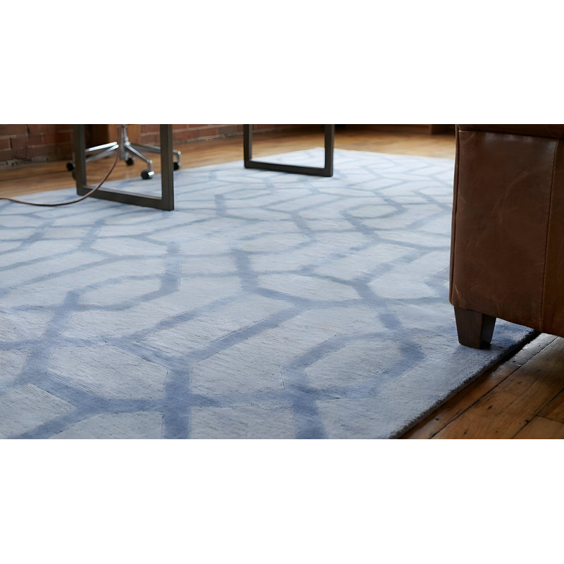Barnes Blue Hand Knotted Wool & Viscose Transitional Geometric Area Rug, Rectangle 6' x 9'