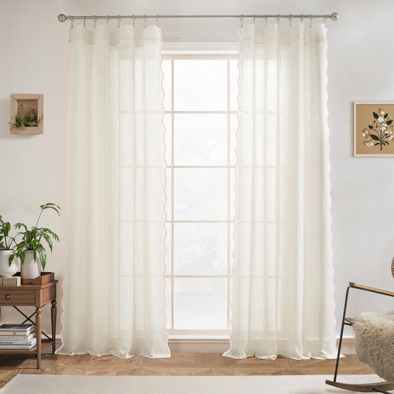 Semi Sheer Scalloped Edge Linen Coastal Beach Window Curtains for Living Room Bedroom 2 Panels Rod Pocket, 52" W x 90" L