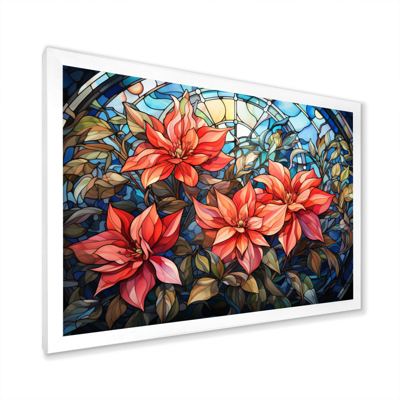 Vitrail poinsettia II - impression, H 34 po x l 44 po x P 1,5 po, Cadre simple blanc