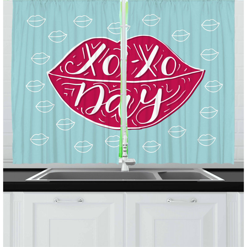 Light Blue and Pink Polyester Kitchen Tier Curtains