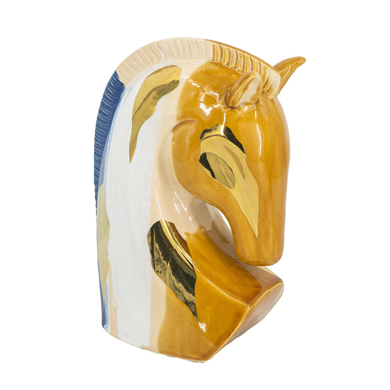 Ceramic Horse Head Sculpture with Abstract Multicolored Finish