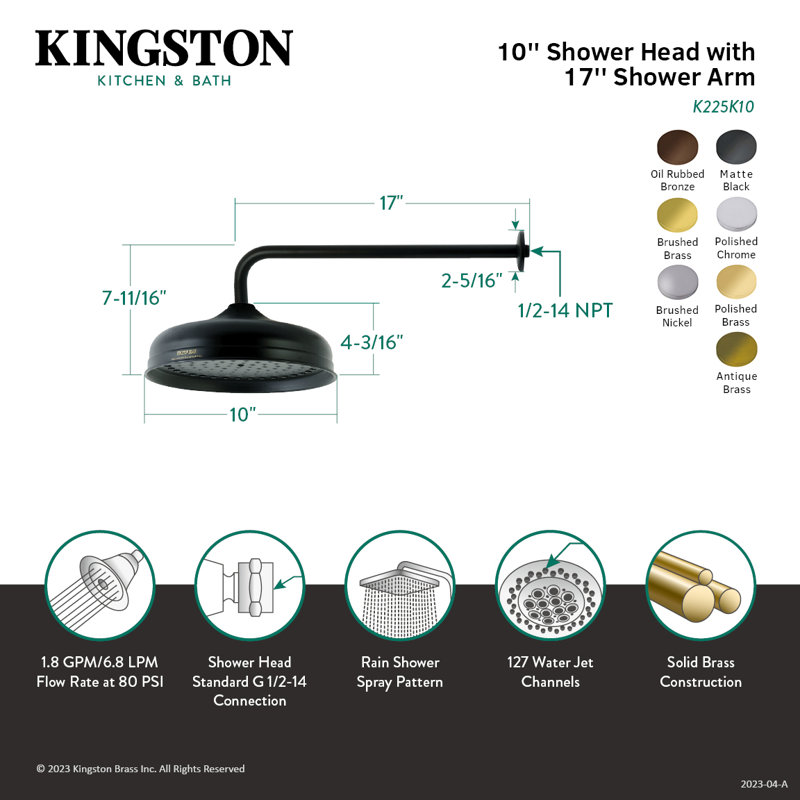 Kingston Shower Scape 10-Inch Round Raindrop Shower Head with 17-Inch Shower Arm, Brushed Brass