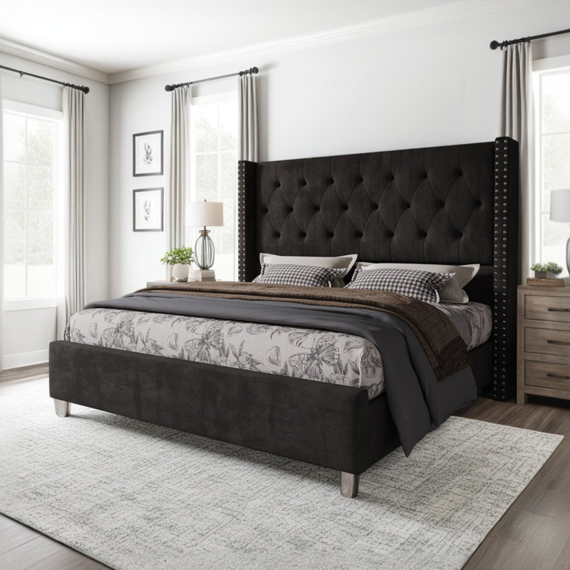 Duluth Upholstered Wingback Bed, Queen, Black
