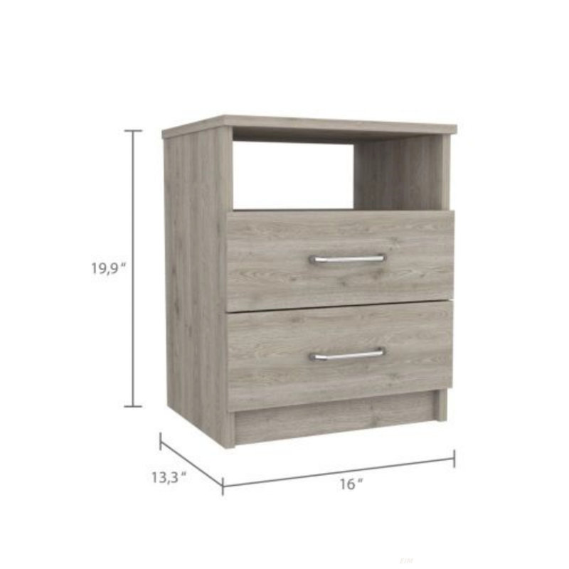 Table de chevet, table de bout, plateau supérieur, deux tiroirs, une tablette, Gris