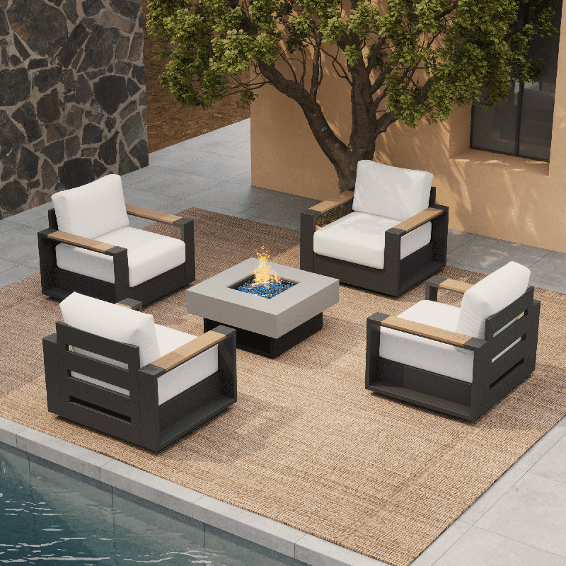 5 - Piece Outdoor Seating Group With Swivel Chairs And Fire Pit Table, 5 Pcs: Firepit Table, 4 Swivel Chairs