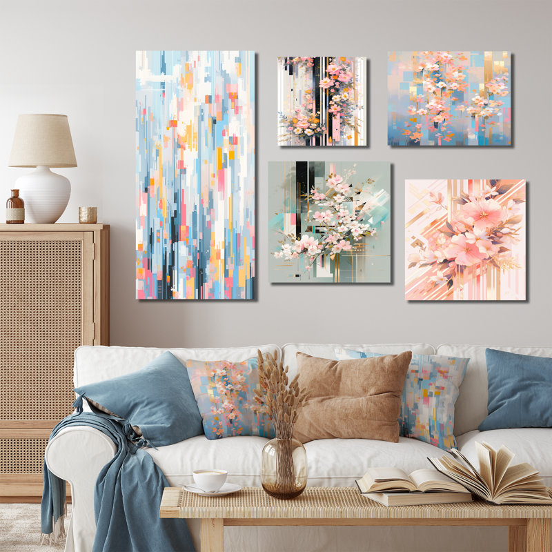 Fleurs de cerisier modernes roses "Bold Stripes I" - ensemble d'art mural sur toile cerise de 5, Toile tendue