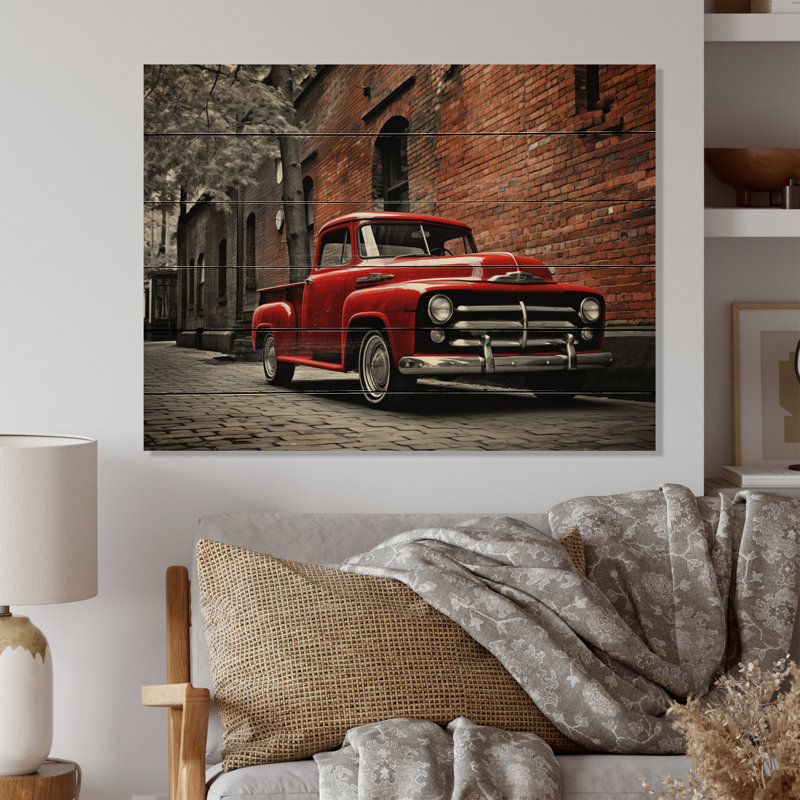 Camionnette rouge rétro Hauler II sur impression sur bois, H 30 po x l 40 po x P 0,78 po
