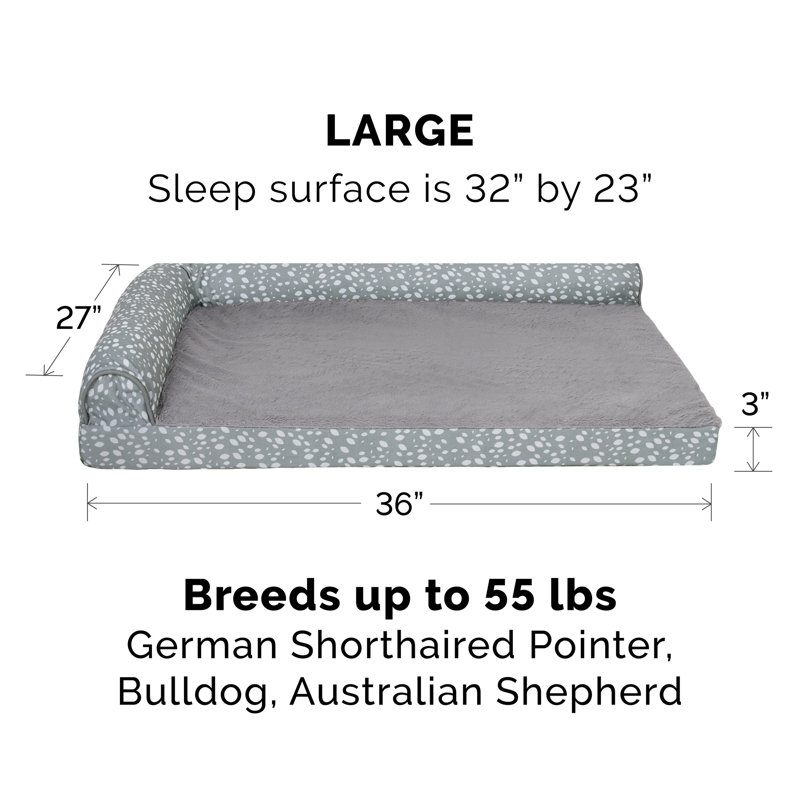 Plush Fur & Almond Print Deluxe L-Chaise Sofa Pet Bed, Medium (27" W x 36" D x 6.5" H), Gray, Large (41 - 70 lbs)