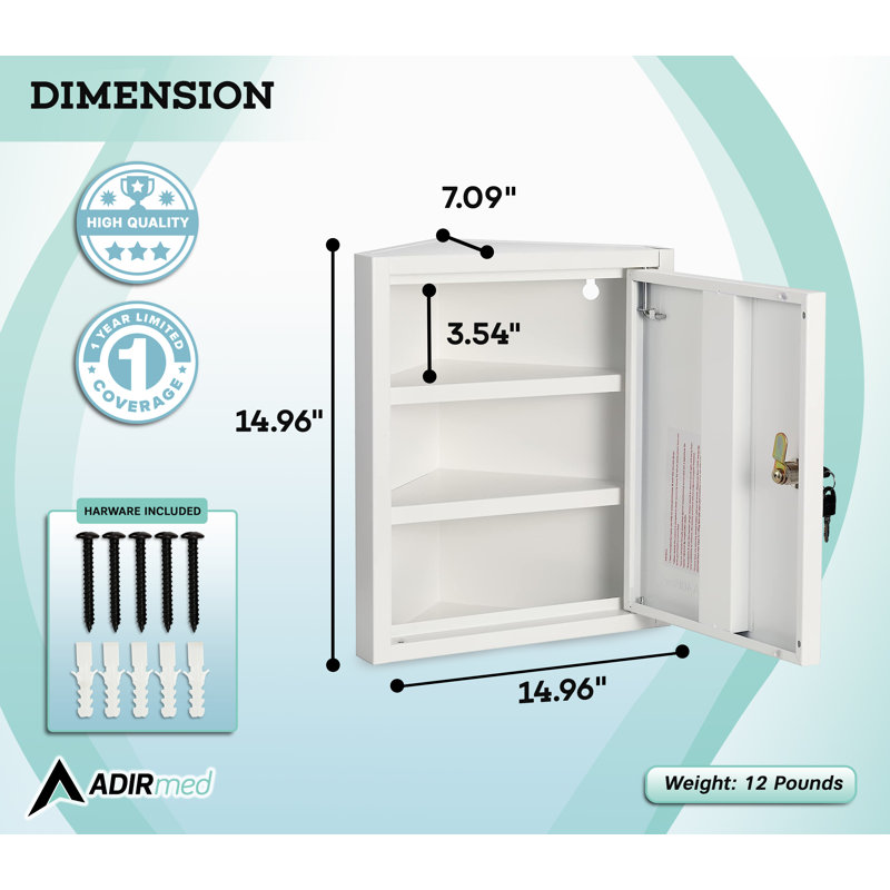Armoire à pharmacie verrouillable en coin à 2 tablettes en acier H 14,96 po x l 14,96 po x P 7,09 po