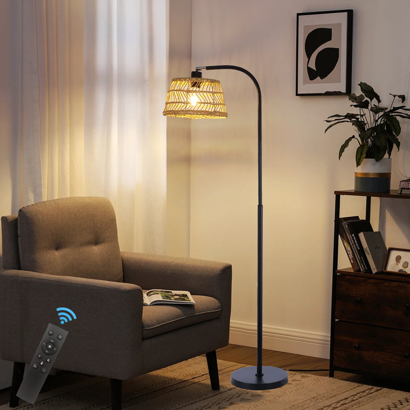 Alexcya 63'' Black Rattan Arched Floor Lamp with Remote Control and Dimmable Bulb Included