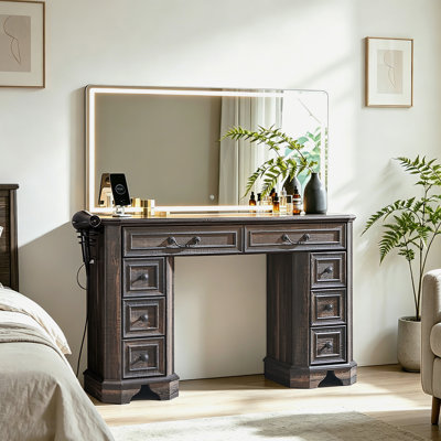 48" Vintage Farmhouse Makeup Vanity Desk LED Lighted Mirror & Power Outlets with 8 Drawers dresser