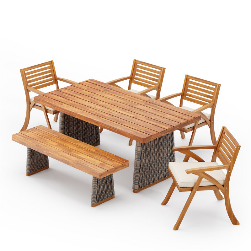 Ensemble repas d'extérieur 6 pièces en bois d'acacia avec coussin et pieds en rotin tissés à la main